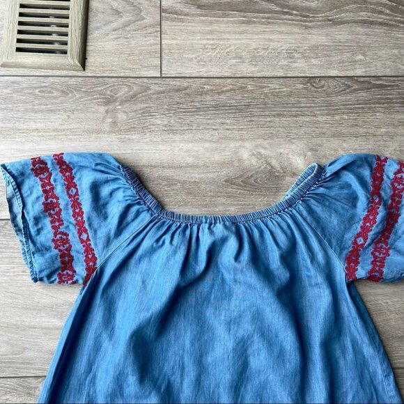 Style & Co Off The Shoulder Voyage Sunwash Chambray Embroidery Dress - Picture 11 of 15